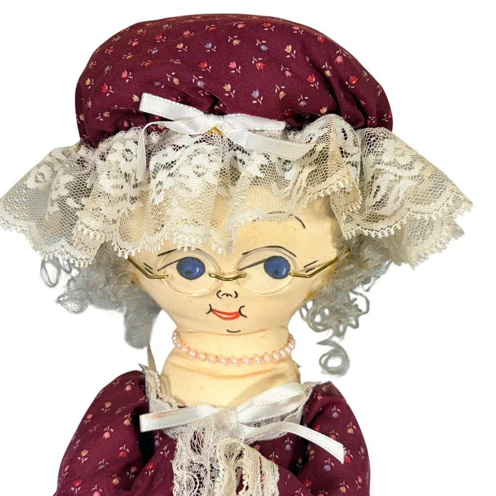 VTG 70s Grandmother Cloth Doll Burgundy Calico Bag Holder Handmade Hanging Decor